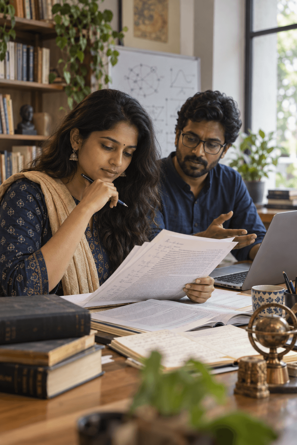 Two academic researchers reviewing an annotated manuscript together